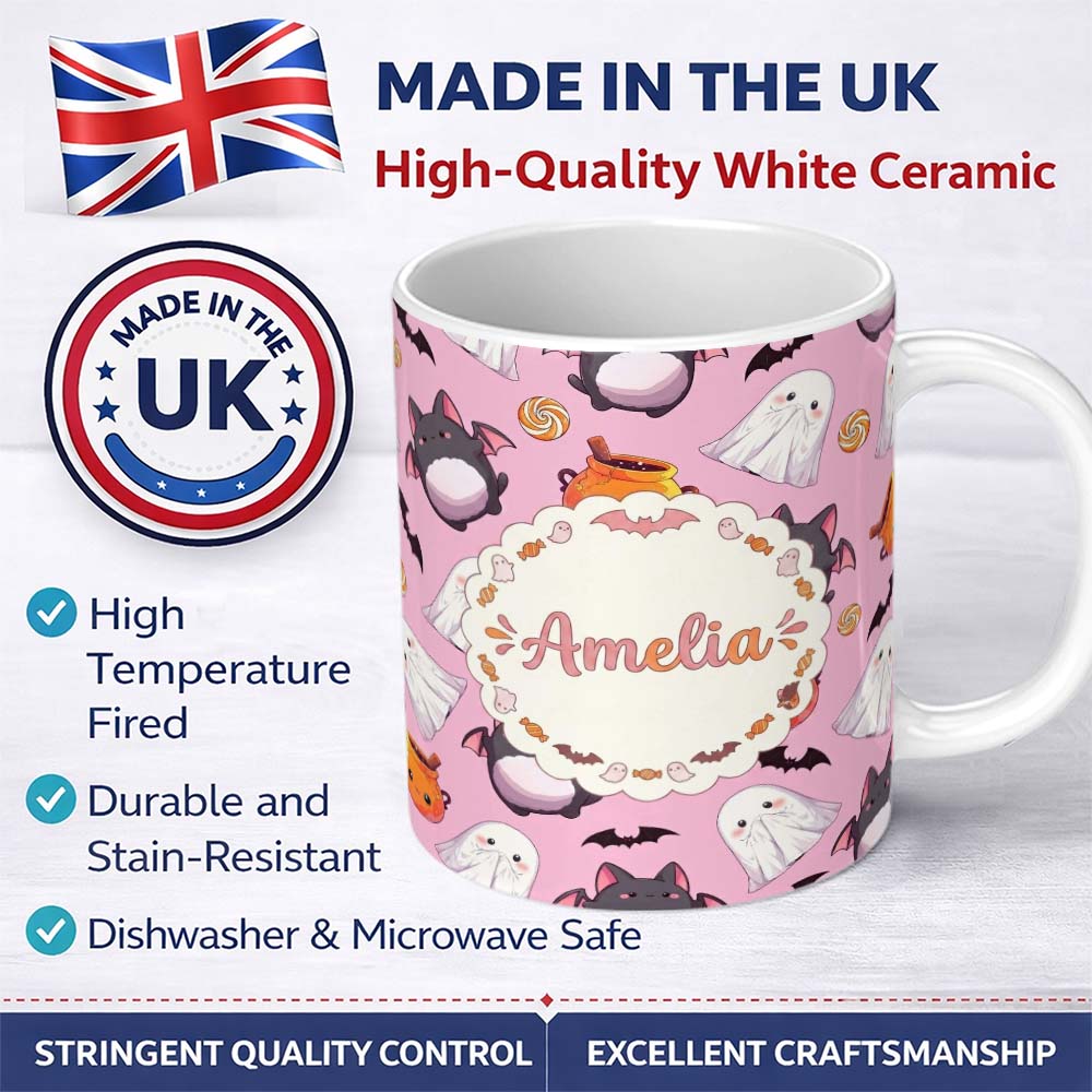 Personalized Custom Name Cute Kawaii Halloween Ghost Bat Candy Pumpkin Seamless Pattern Pink 11oz Ceramic Coffee Tea Mug White Large Handle
