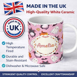 Personalized Custom Name Cute Kawaii Halloween Ghost Bat Candy Pumpkin Seamless Pattern Pink 11oz Ceramic Coffee Tea Mug White Large Handle