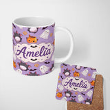 Personalized Custom Name Kawaii Halloween Ghost Bat Candy Pumpkin Seamless Pattern Purple 11oz Ceramic Coffee Tea Mug White Large Handle