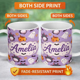 Personalized Custom Name Kawaii Halloween Ghost Bat Candy Pumpkin Seamless Pattern Purple 11oz Ceramic Coffee Tea Mug White Large Handle