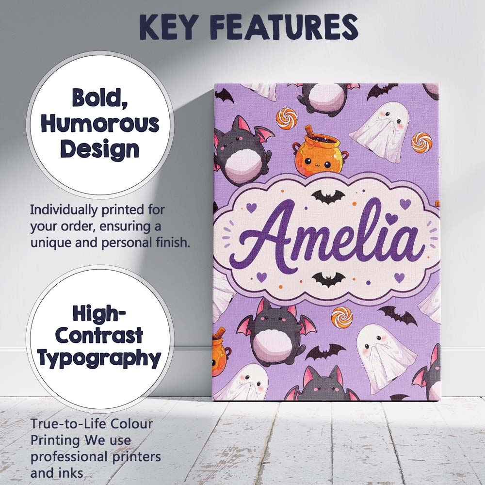 Personalised Name Kawaii Halloween Ghost Custom  Unique Gift Idea Elegant Feature Canvas Wall Art Print Decor Picture Ready to Hang