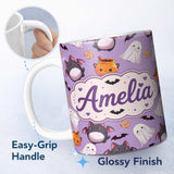 Personalized Custom Name Kawaii Halloween Ghost Bat Candy Pumpkin Seamless Pattern Purple 11oz Ceramic Coffee Tea Mug White Large Handle