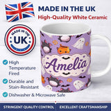 Personalized Custom Name Kawaii Halloween Ghost Bat Candy Pumpkin Seamless Pattern Purple 11oz Ceramic Coffee Tea Mug White Large Handle