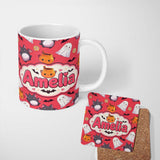 Personalized Custom Name Cute Kawaii Halloween Ghost Bat Candy Pumpkin Seamless Pattern Red 11oz Ceramic Coffee Tea Mug White Large Handle