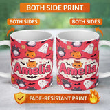 Personalized Custom Name Cute Kawaii Halloween Ghost Bat Candy Pumpkin Seamless Pattern Red 11oz Ceramic Coffee Tea Mug White Large Handle