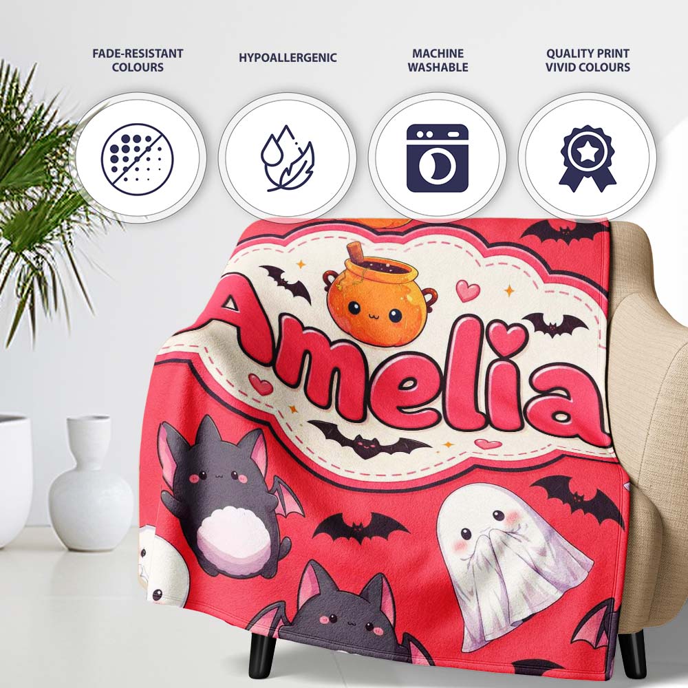 Cute Kawaii Halloween Ghost Bat Candy Pumpkin Seamless Pattern Red  Personalised Custom Name Super Soft Fleece Blanket Bed Sofa Throw