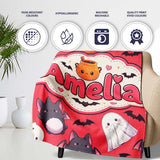 Cute Kawaii Halloween Ghost Bat Candy Pumpkin Seamless Pattern Red  Personalised Custom Name Super Soft Fleece Blanket Bed Sofa Throw