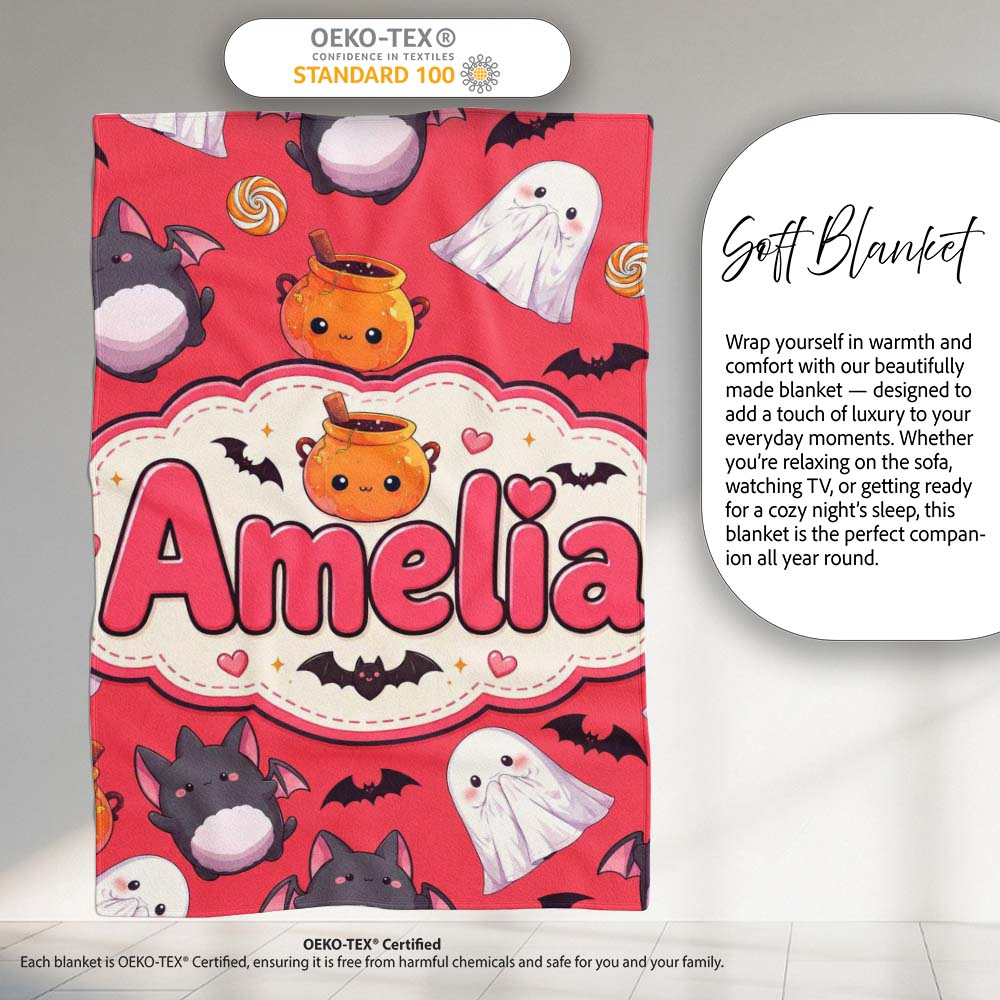 Cute Kawaii Halloween Ghost Bat Candy Pumpkin Seamless Pattern Red  Personalised Custom Name Super Soft Fleece Blanket Bed Sofa Throw