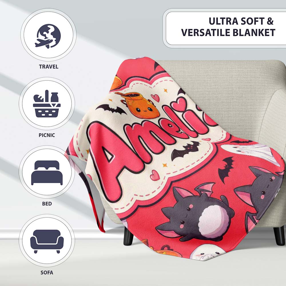 Cute Kawaii Halloween Ghost Bat Candy Pumpkin Seamless Pattern Red  Personalised Custom Name Super Soft Fleece Blanket Bed Sofa Throw