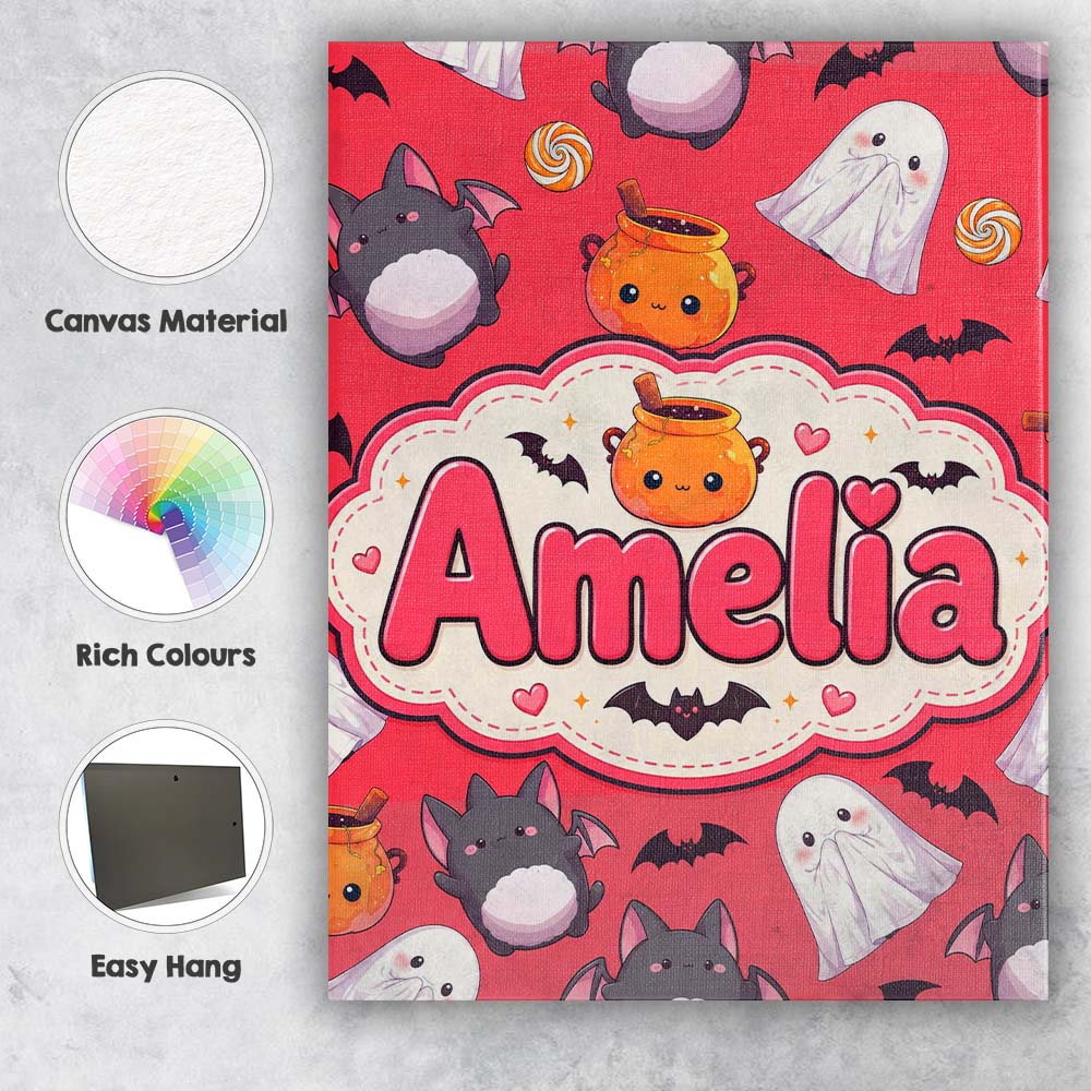 Personalised Name Cute Kawaii Halloween Custom  Modern Room Accent Elegant Feature Canvas Wall Art Print Decor Picture Ready to Hang
