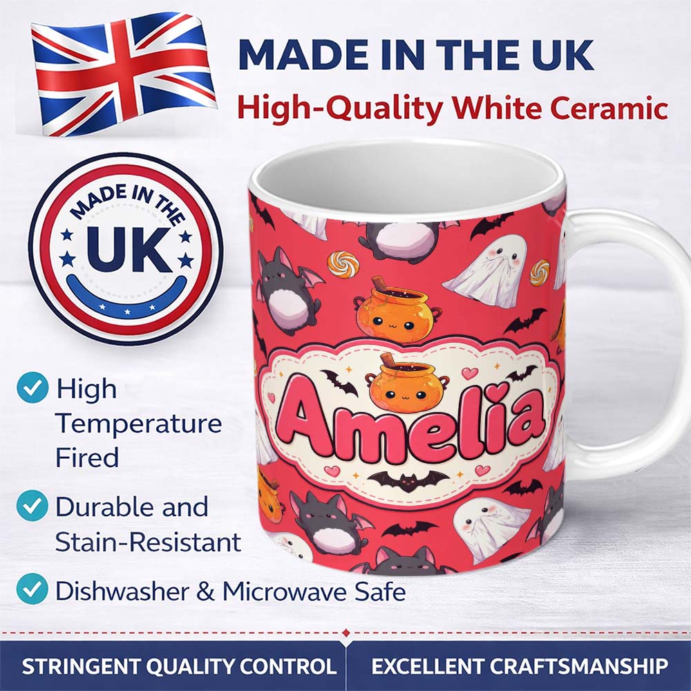 Personalized Custom Name Cute Kawaii Halloween Ghost Bat Candy Pumpkin Seamless Pattern Red 11oz Ceramic Coffee Tea Mug White Large Handle