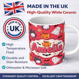 Personalized Custom Name Cute Kawaii Halloween Ghost Bat Candy Pumpkin Seamless Pattern Red 11oz Ceramic Coffee Tea Mug White Large Handle