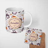 Personalized Custom Name Cute Kawaii Halloween Ghost Bat Candy Pumpkin Seamless Pattern Grey 11oz Ceramic Coffee Tea Mug White Large Handle