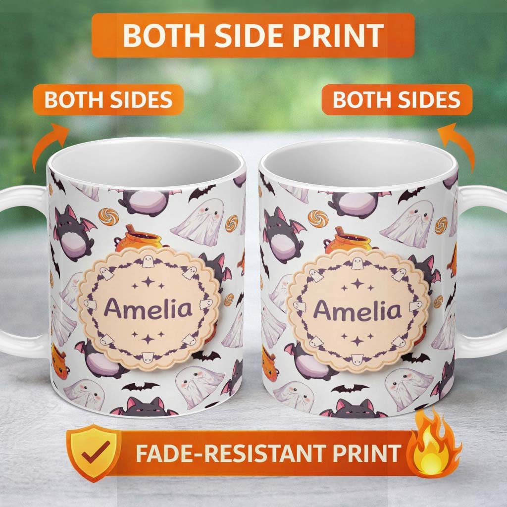 Personalized Custom Name Cute Kawaii Halloween Ghost Bat Candy Pumpkin Seamless Pattern Grey 11oz Ceramic Coffee Tea Mug White Large Handle