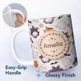 Personalized Custom Name Cute Kawaii Halloween Ghost Bat Candy Pumpkin Seamless Pattern Grey 11oz Ceramic Coffee Tea Mug White Large Handle