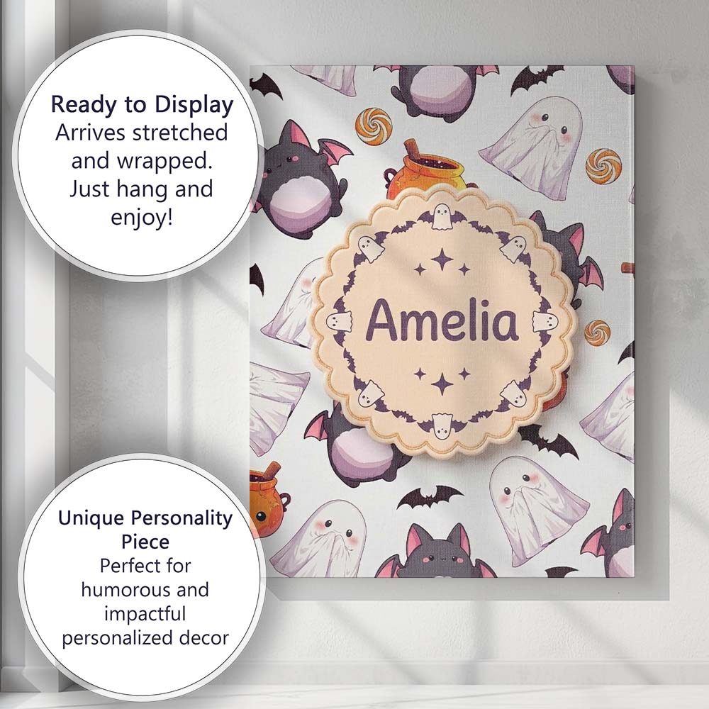 Personalised Name Cute Kawaii Halloween Custom  Modern Room Accent Elegant Feature Canvas Wall Art Print Decor Picture Ready to Hang