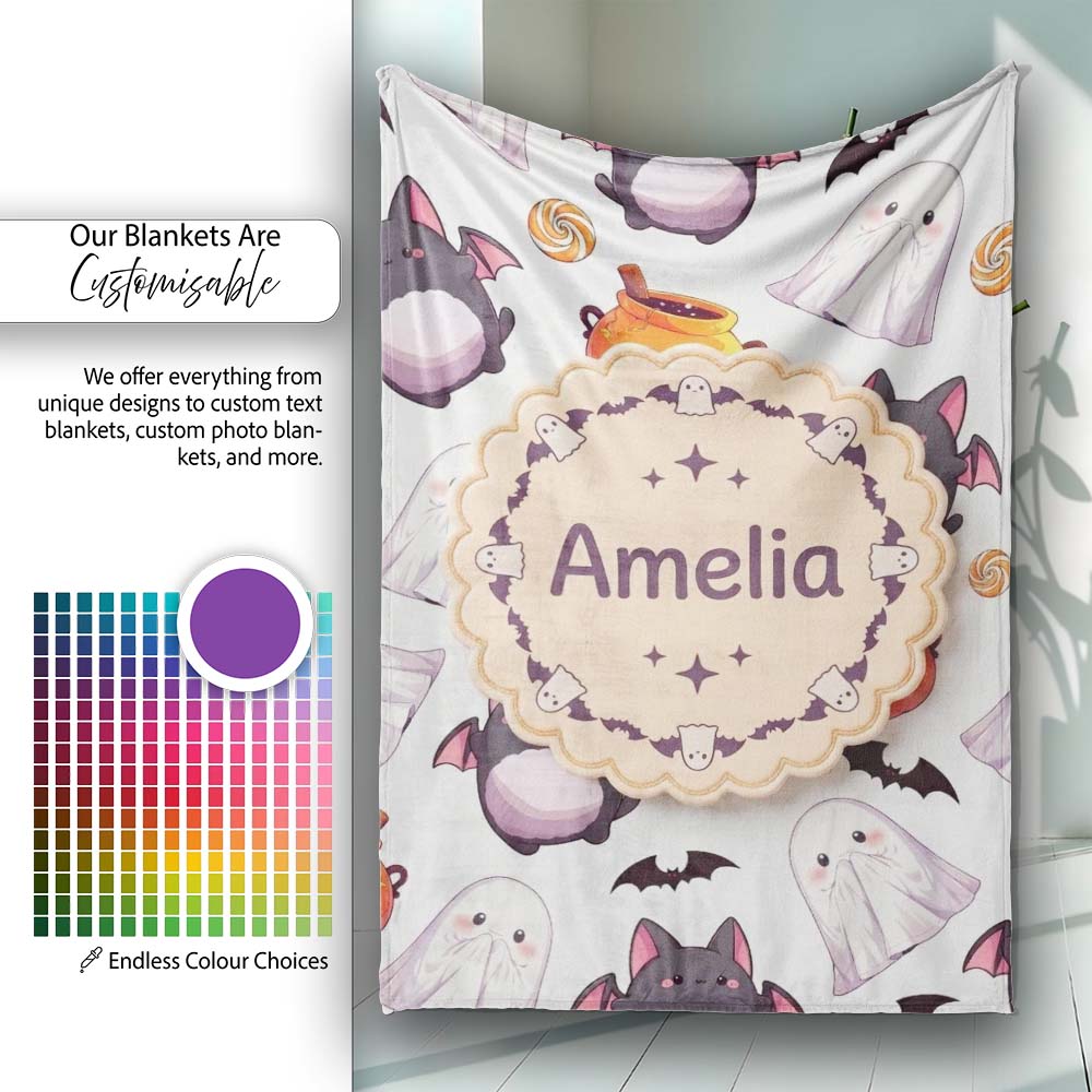 Cute Kawaii Halloween Ghost Bat Candy Pumpkin Seamless Pattern Grey  Personalised Custom Name Super Soft Fleece Blanket Bed Sofa Throw