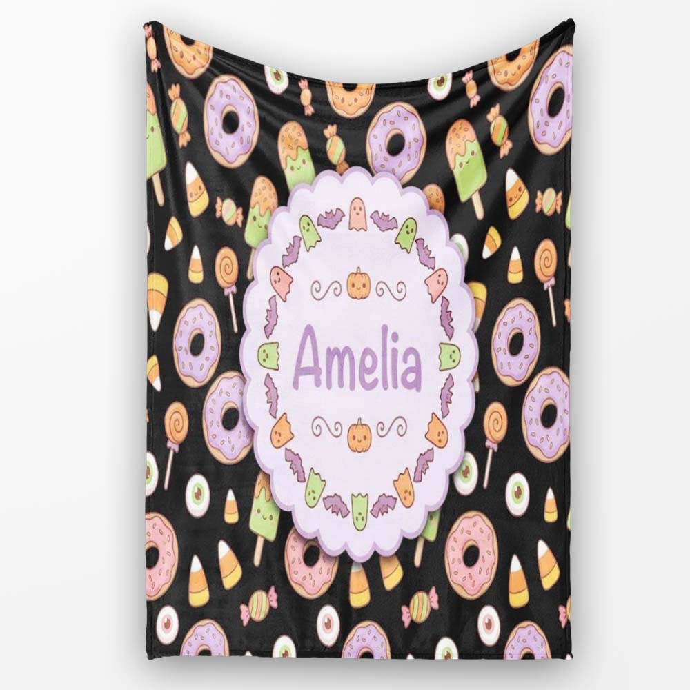 Cute Halloween Donuts Candy Eyeball Ice Cream Seamless Pattern  Personalised Custom Name Super Soft Fleece Blanket Bed Sofa Throw