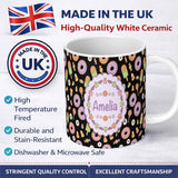 Personalized Custom Name Cute Halloween Donuts Candy Eyeball Ice Cream Seamless Pattern 11oz Ceramic Coffee Tea Mug White Large Handle