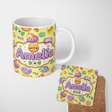 Personalized Custom Name Cute Halloween Donut Candy Eyeball Ice Cream Seamless Pattern 11oz Ceramic Coffee Tea Mug White Large Handle