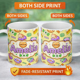 Personalized Custom Name Cute Halloween Donut Candy Eyeball Ice Cream Seamless Pattern 11oz Ceramic Coffee Tea Mug White Large Handle