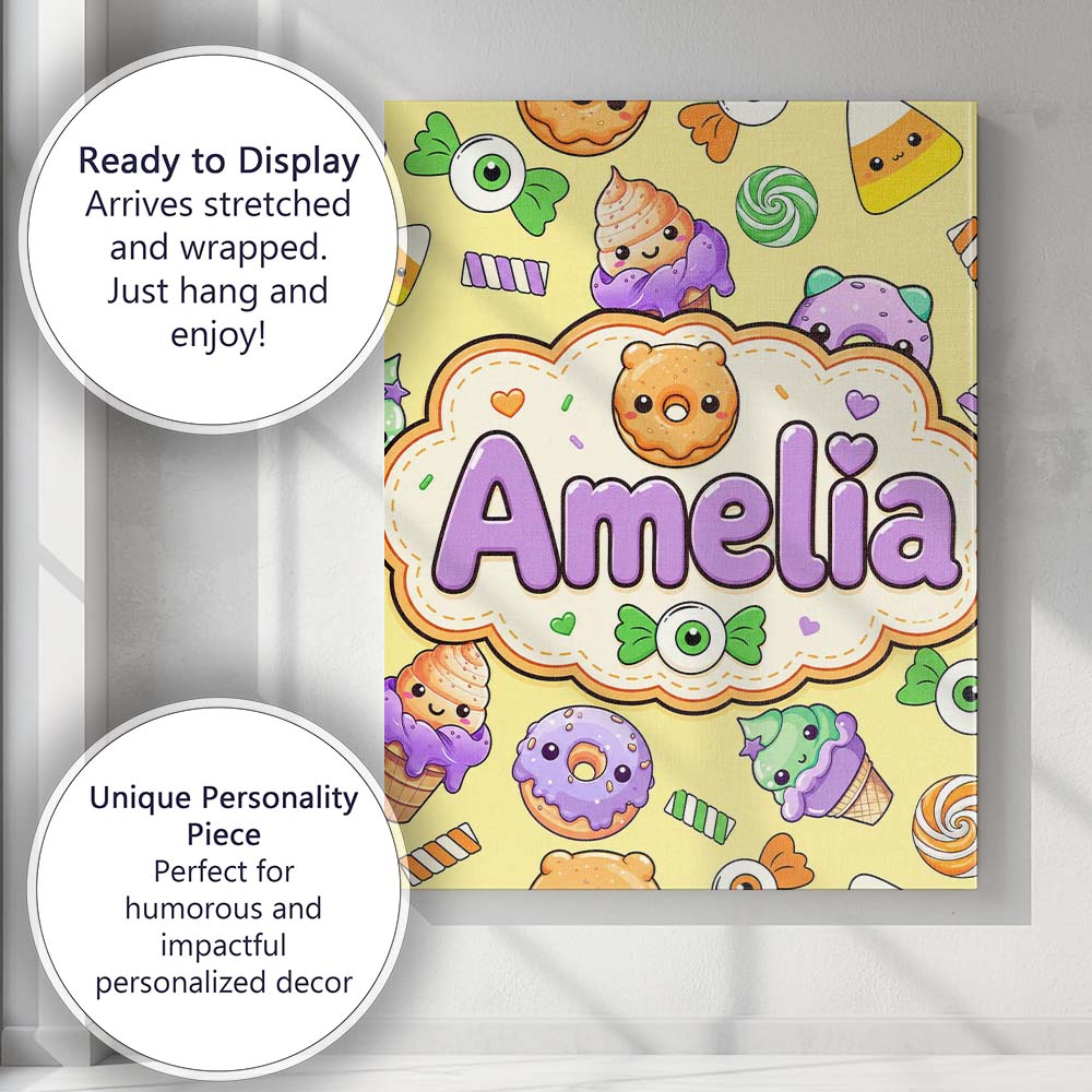 Personalised Name Cute Halloween Donut Custom  Modern Room Accent Elegant Feature Canvas Wall Art Print Decor Picture Ready to Hang
