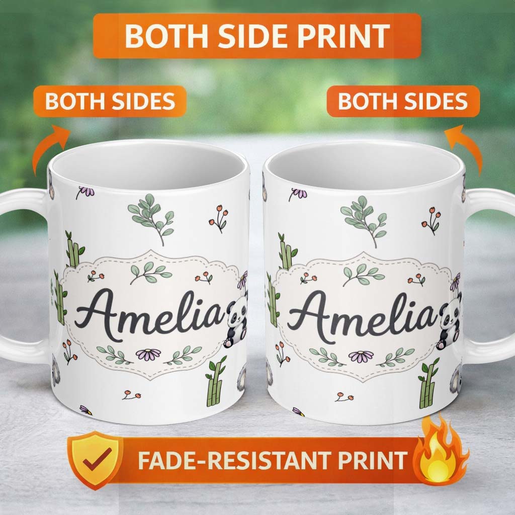 Personalized Custom Name Cute Panda Bear with Bamboo Leaves Floral Pattern Light Grey Lovely 11oz Ceramic Coffee Tea Mug White Large Handle