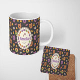 Personalized Custom Name Halloween Donuts Candy Eyeball Ice Cream Seamless Pattern Dark Grey 11oz Ceramic Coffee Tea Mug White Large Handle