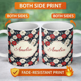 Personalized Custom Name Bold Red and Ivory Camellia Floral Seamless Pattern Cute Unique Gift 11oz Ceramic Coffee Tea Mug White Large Handle