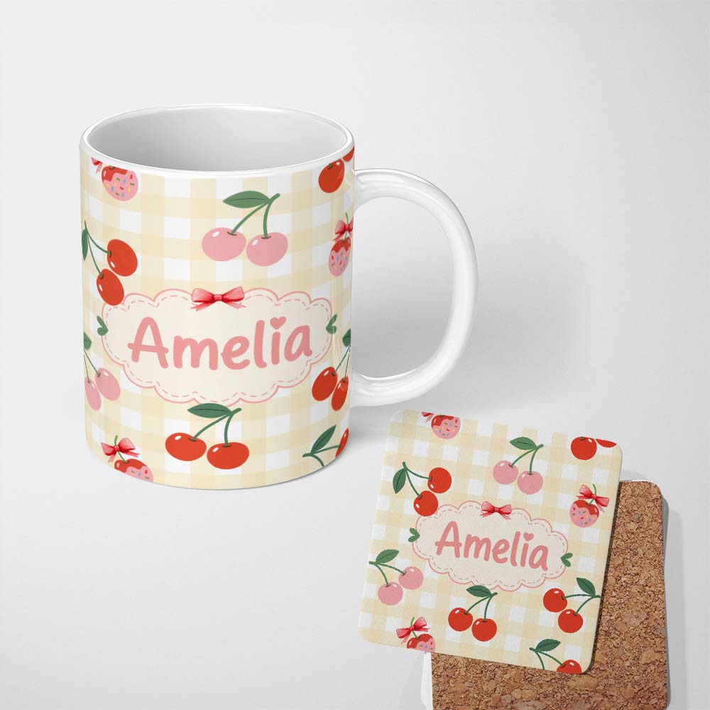 Personalized Custom Name Cherry Fruit Soft Grey Background Minimal Seamless Pattern Lovely 11oz Ceramic Coffee Tea Mug White Large Handle