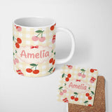 Personalized Custom Name Cherry Fruit Soft Grey Background Minimal Seamless Pattern Lovely 11oz Ceramic Coffee Tea Mug White Large Handle