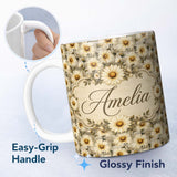 Personalized Custom Name Classic Daisy Clusters on Soft Distressed Blue Backdrop Lovely 11oz Ceramic Coffee Tea Mug White Large Handle