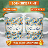 Personalized Custom Name Blue Orange Baroque Floral Ornamental Decorative Design Lovely 11oz Ceramic Coffee Tea Mug White Large Handle