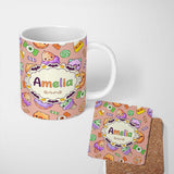 Personalized Custom Name Cute Halloween Donuts Candy Eyeball Ice Cream Seamless Pattern 11oz Ceramic Coffee Tea Mug White Large Handle