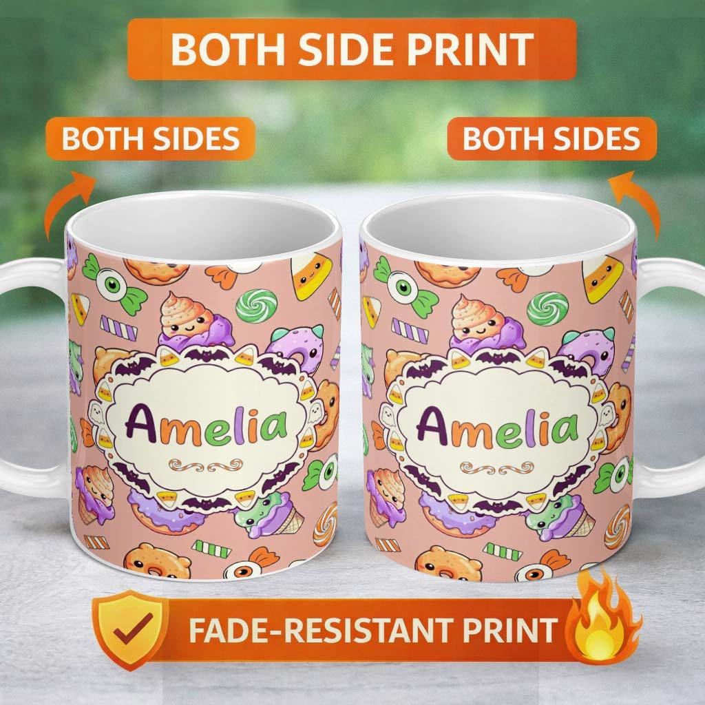 Personalized Custom Name Cute Halloween Donuts Candy Eyeball Ice Cream Seamless Pattern 11oz Ceramic Coffee Tea Mug White Large Handle