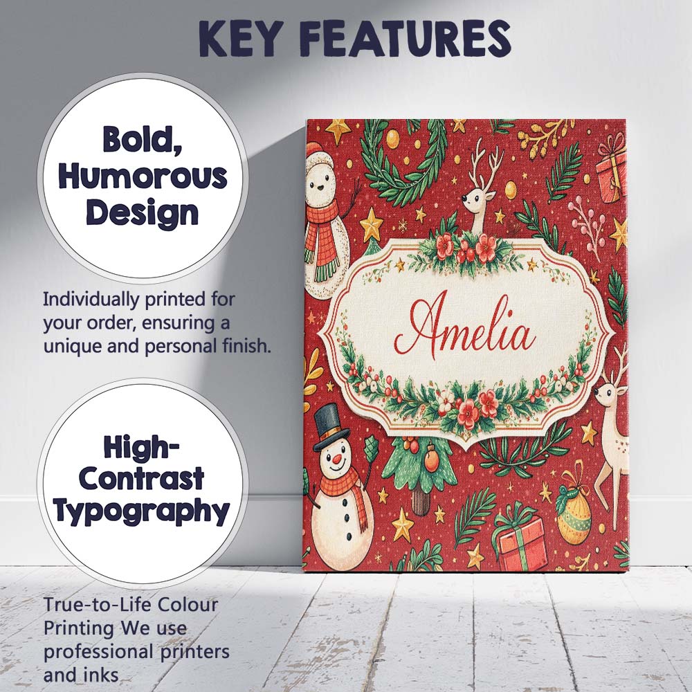 Personalised Name Winter Holiday Snowman Reindeer Wreath Seamless Custom  Bespoke Canvas Wall Art Print Decor Picture Ready to Hang