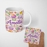 Personalized Custom Name Halloween Donut Candy Eyeball Ice Cream Seamless Pattern Blush Pink 11oz Ceramic Coffee Tea Mug White Large Handle