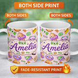 Personalized Custom Name Halloween Donut Candy Eyeball Ice Cream Seamless Pattern Blush Pink 11oz Ceramic Coffee Tea Mug White Large Handle