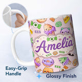 Personalized Custom Name Halloween Donut Candy Eyeball Ice Cream Seamless Pattern Blush Pink 11oz Ceramic Coffee Tea Mug White Large Handle