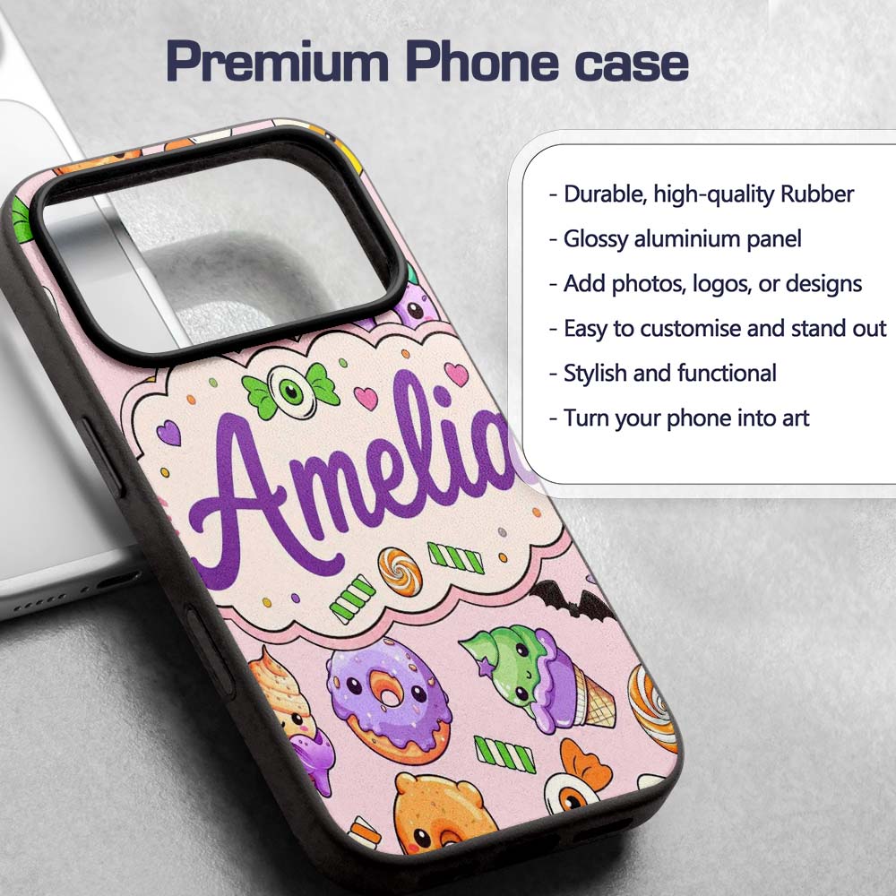 Halloween Donut Candy Eyeball Ice Cream Seamless Custom Name Protective Phone Case Mobile Cover Durable Everyday Smartphone Shock Resistant