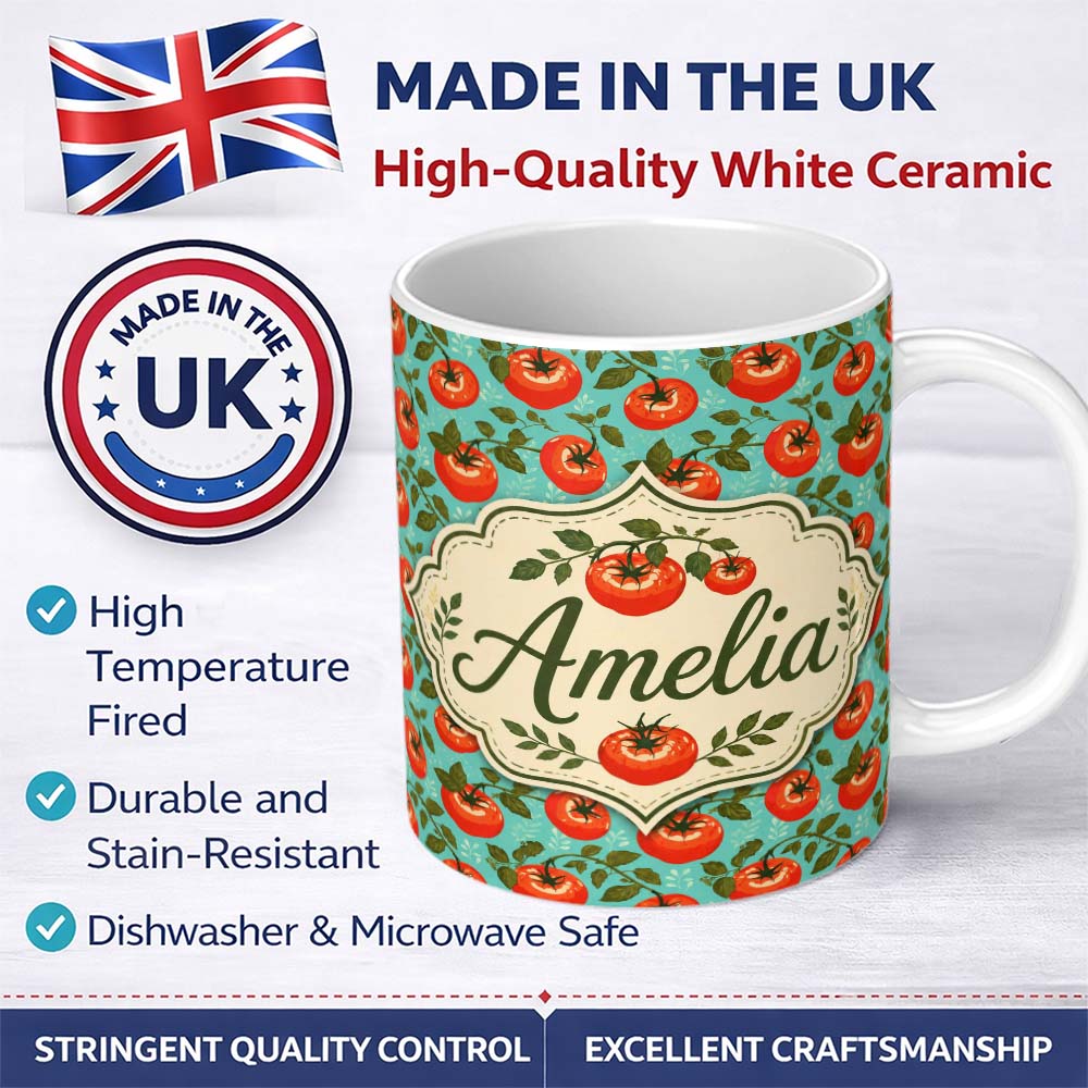 Personalized Custom Name Bright Tomato Vine Pattern on Aqua Background Fresh Garden Produce 11oz Ceramic Coffee Tea Mug White Large Handle