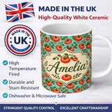 Personalized Custom Name Bright Tomato Vine Pattern on Aqua Background Fresh Garden Produce 11oz Ceramic Coffee Tea Mug White Large Handle