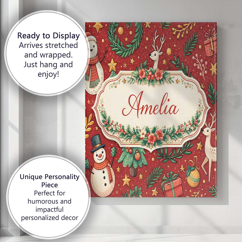 Personalised Name Winter Holiday Snowman Reindeer Wreath Seamless Custom  Bespoke Canvas Wall Art Print Decor Picture Ready to Hang
