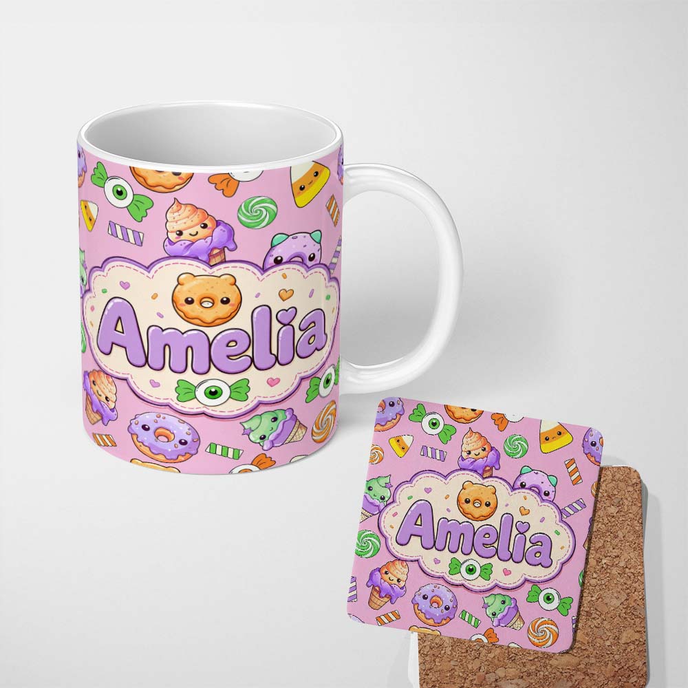 Personalized Custom Name Halloween Donuts Candy Eyeball Ice Cream Seamless Pattern Lavender 11oz Ceramic Coffee Tea Mug White Large Handle