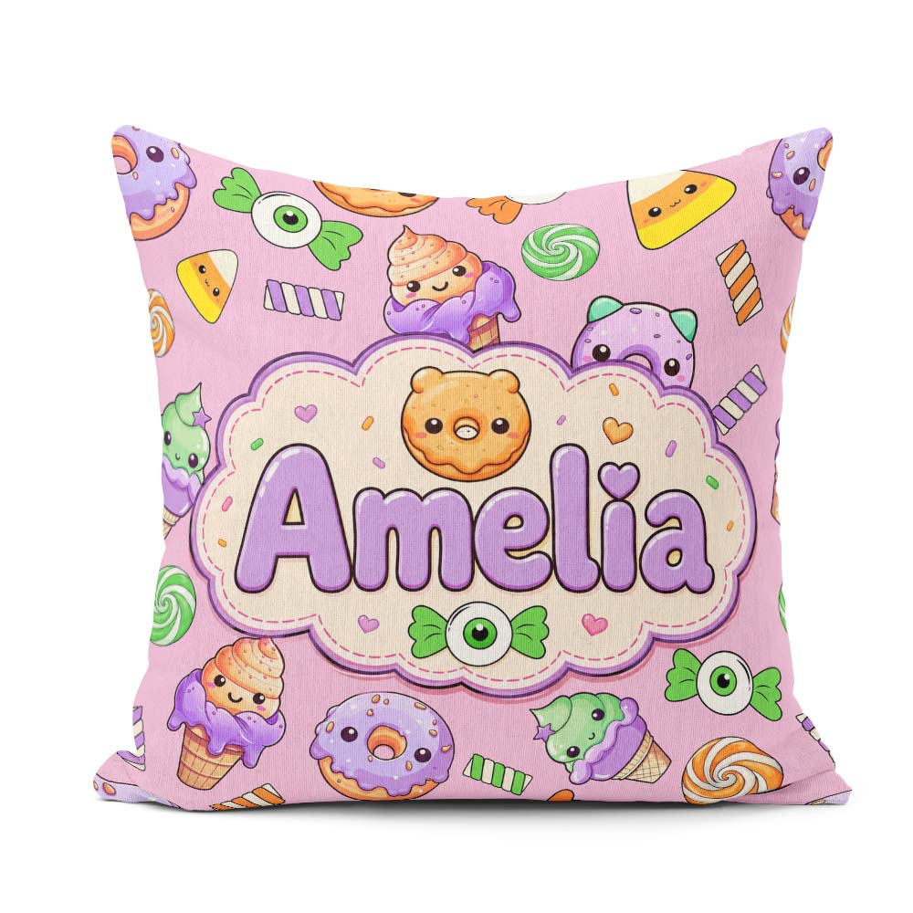 Custom Name Halloween Donuts Candy Eyeball Ice Seamless Lavender Square Filled Cushion Throw Pillow Sofa Bed Home Decor Zip Washable UK Made