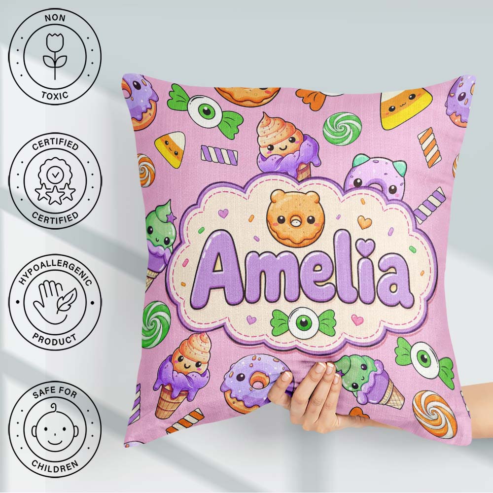 Custom Name Halloween Donuts Candy Eyeball Ice Seamless Lavender Square Filled Cushion Throw Pillow Sofa Bed Home Decor Zip Washable UK Made