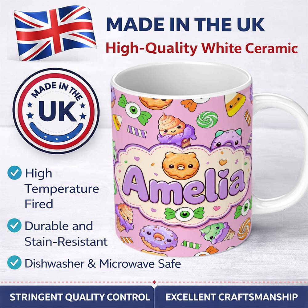 Personalized Custom Name Halloween Donuts Candy Eyeball Ice Cream Seamless Pattern Lavender 11oz Ceramic Coffee Tea Mug White Large Handle