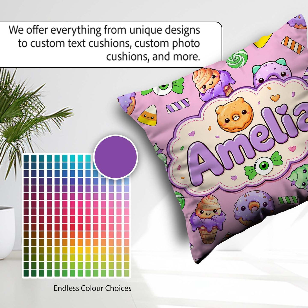 Custom Name Halloween Donuts Candy Eyeball Ice Seamless Lavender Square Filled Cushion Throw Pillow Sofa Bed Home Decor Zip Washable UK Made