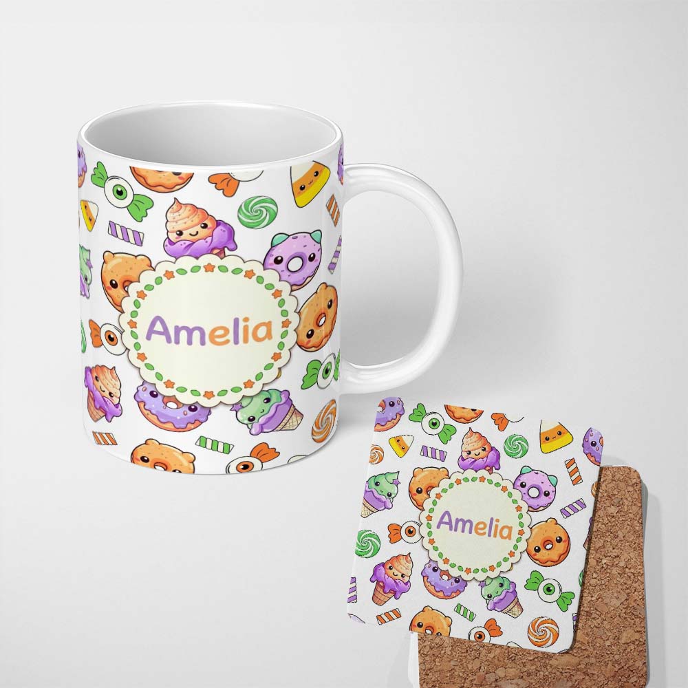 Personalized Custom Name Halloween Donut Candy Eyeball Ice Cream Seamless Pattern Light Grey 11oz Ceramic Coffee Tea Mug White Large Handle