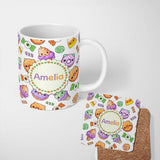 Personalized Custom Name Halloween Donut Candy Eyeball Ice Cream Seamless Pattern Light Grey 11oz Ceramic Coffee Tea Mug White Large Handle